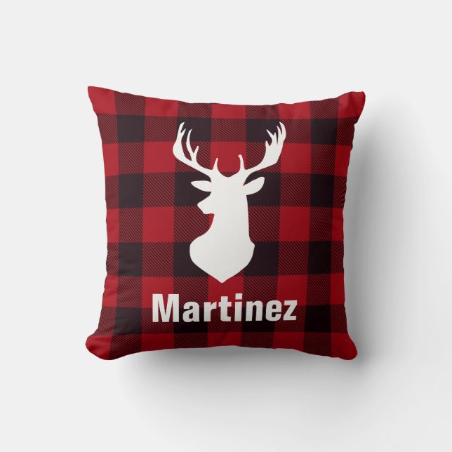 Red Buffalo Check Plaid Deer Head Personalized Throw Pillow (Front)
