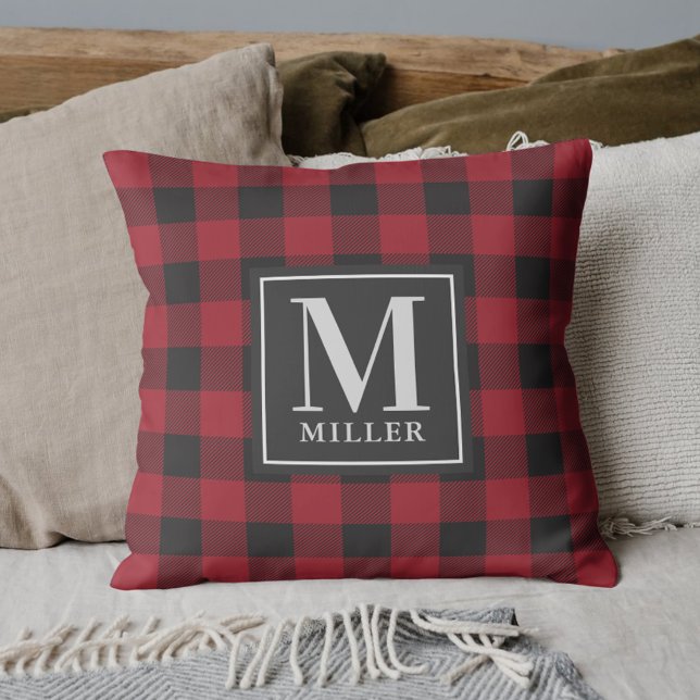 Red Buffalo Check Plaid Family Name Monogram Throw Pillow (Creator Uploaded)
