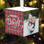 Red Buffalo Check Plaid Family Photo Christmas Cube Ornament<br><div class="desc">Custom-designed Christmas tree cube ornament featuring modern farmhouse red buffalo check pattern with personalized family name and photo.</div>