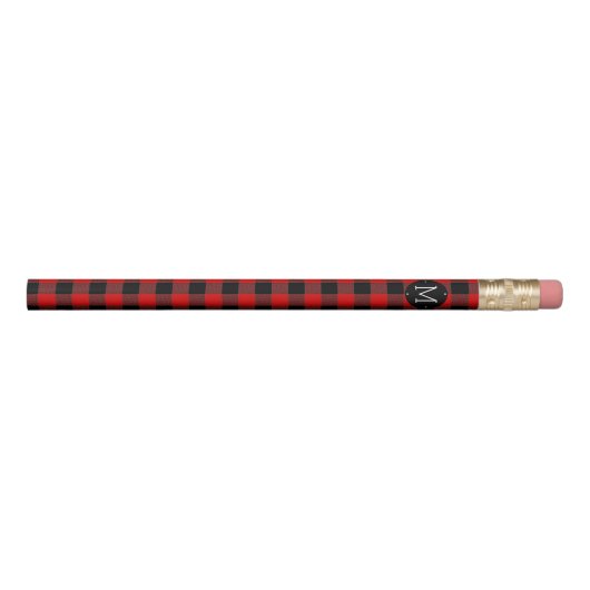 Red Buffalo Check Plaid Initial Monogram Pencil (Front)