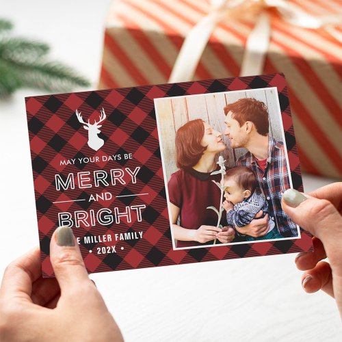 Red Buffalo Check Plaid Merry and Bright Photo Holiday Card