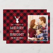 Red Buffalo Check Plaid Merry and Bright Photo Holiday Card (Front/Back)