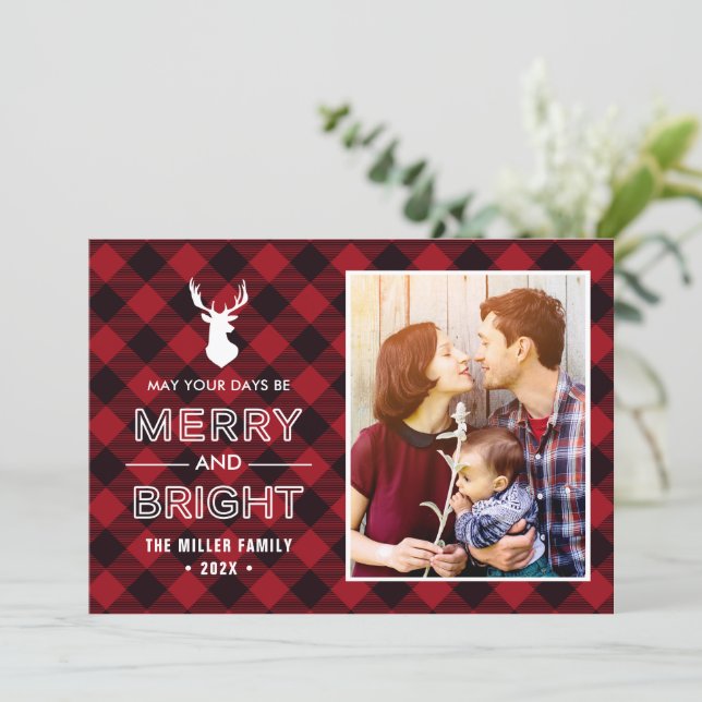 Red Buffalo Check Plaid Merry and Bright Photo Holiday Card (Standing Front)