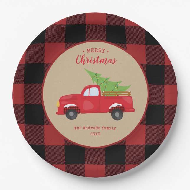 Red Buffalo Check Plaid Merry Christmas Red Truck Paper Plates (Front)