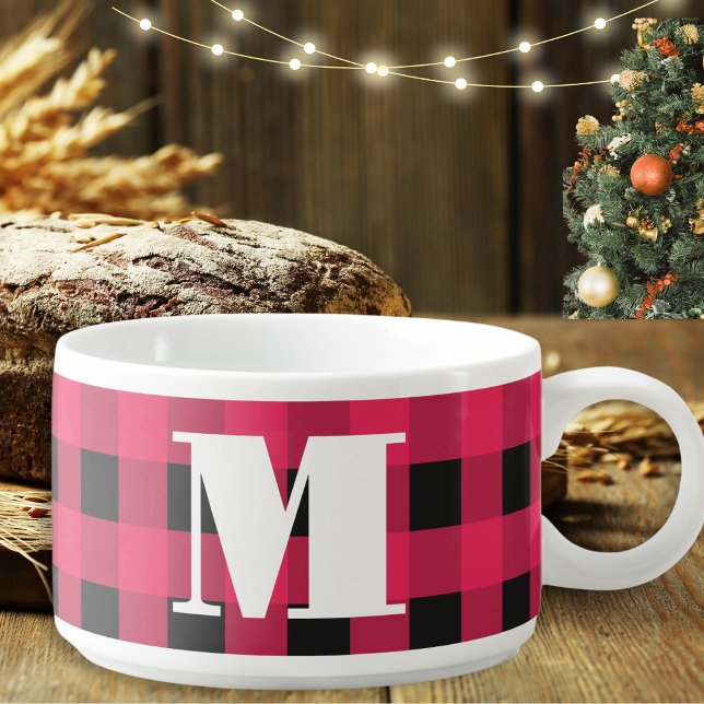 Red Buffalo Check Plaid Monogram Christmas Chilli Bowl (A festive chilli bowl with handle, with Merry Christmas greeting one side and monogram on the other)