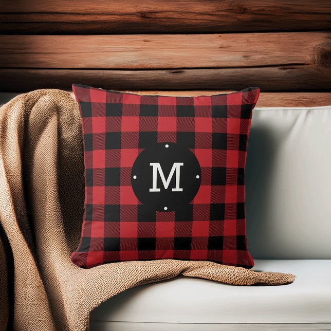 Red Buffalo Check Plaid Monogram Throw Pillow (Creator Uploaded)