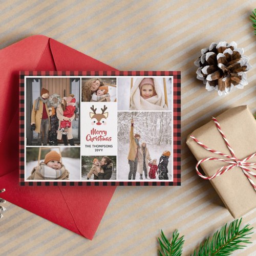 Red Buffalo Check Reindeer Photo Collage Christmas Holiday Card