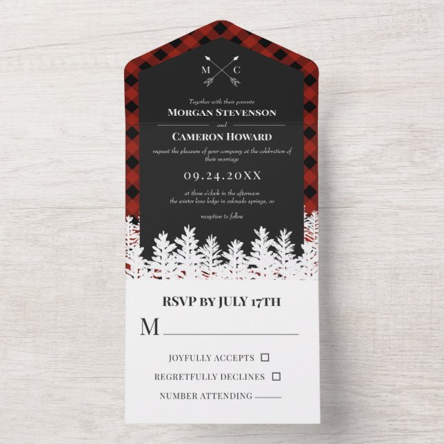 Red Buffalo Check Rustic Arrow Monogram Wedding All In One Invitation (Inside)