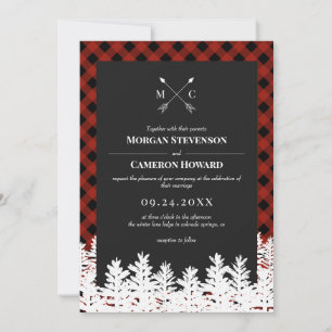 Red Buffalo Check Rustic Arrow Monogram Wedding Invitation