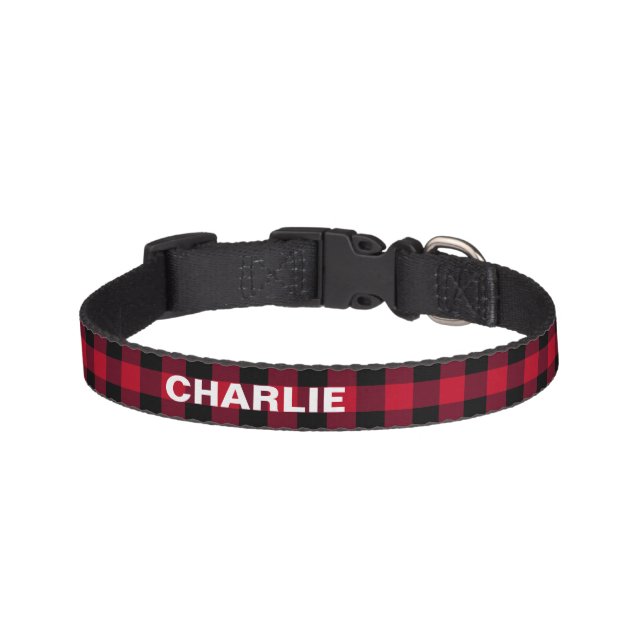Red Buffalo Check Rustic Custom Name Pet Collar (Front)
