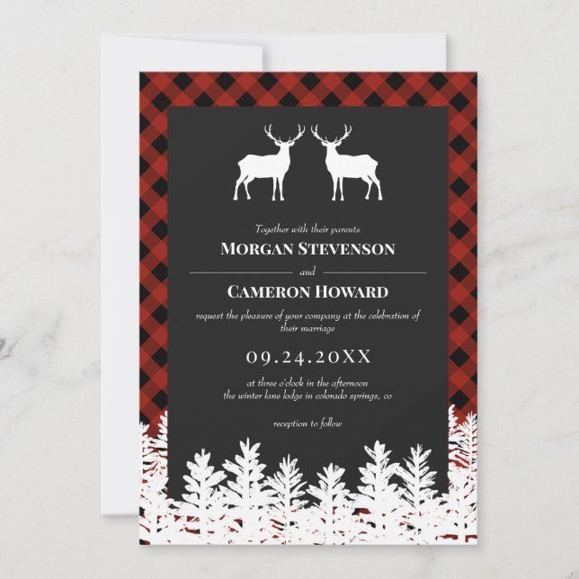Red Buffalo Check Rustic Deer Bucks Wedding Invitation (Front)