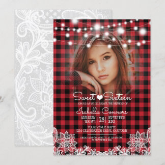Red Buffalo Check String Lights Sweet 16 Party Invitation