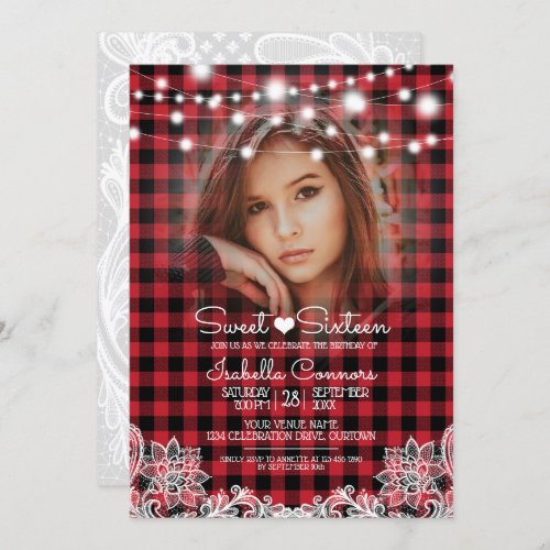 Red Buffalo Check String Lights Sweet 16 Party Invitation