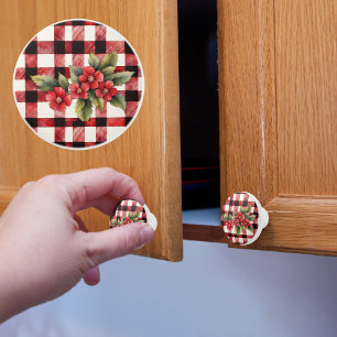 Red Buffalo Check With Flowers Ceramic Knob