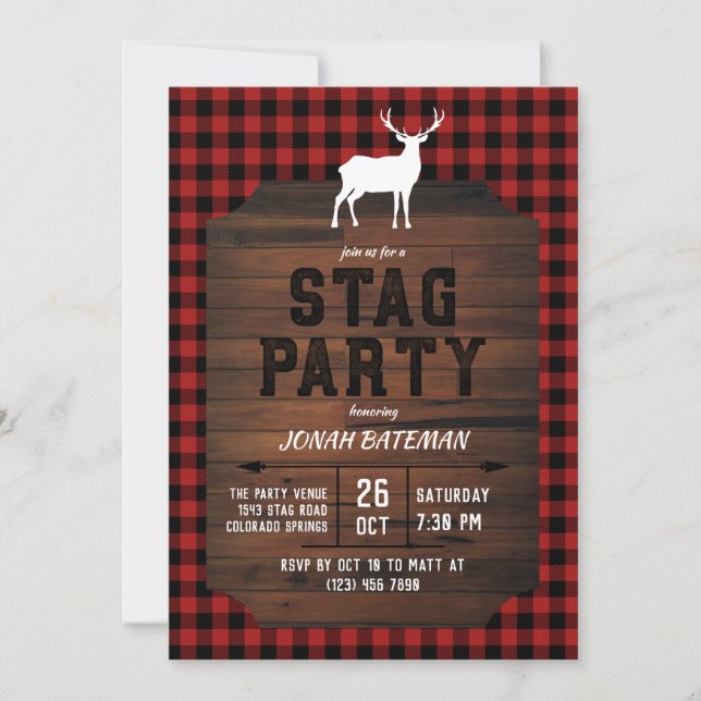 Red Buffalo Check & Wood Stag Party Invitation (Front)