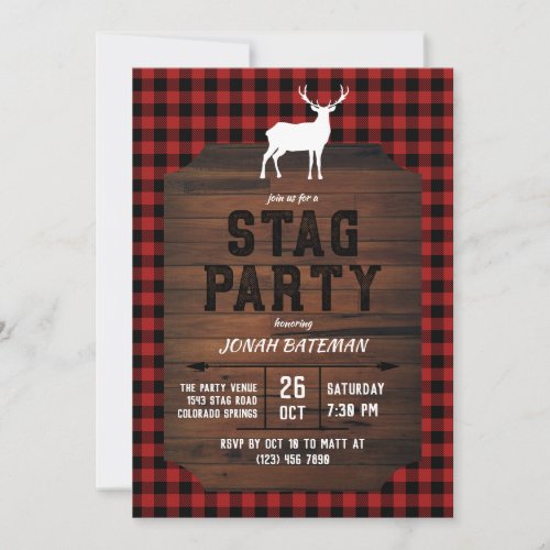 Red Buffalo Check  Wood Stag Party Invitation