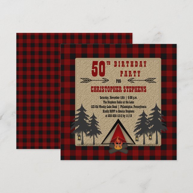 Red Buffalo Checks Man's Rustic Birthday Party Invitation (Front/Back)