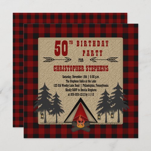 Red Buffalo Checks Mans Rustic Birthday Party Invitation