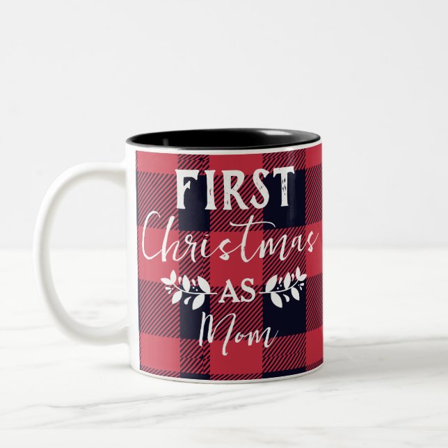 Red Buffalo First Christmas as Mom Christmas Two-Tone Coffee Mug (Left)
