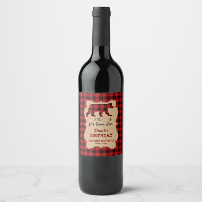 Red Buffalo Lumberjack Birthday Party Wine Label (Front)
