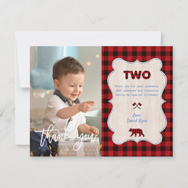 Red Buffalo Photo Boy Second Birthday Thank You Card (Front)