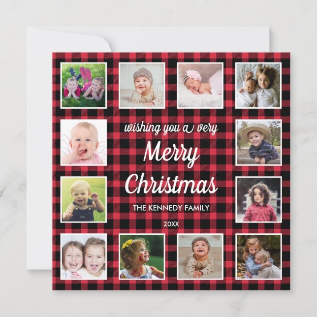 Red Buffalo Plaid 12 Photo Collage  Christmas Holiday Card (Front)