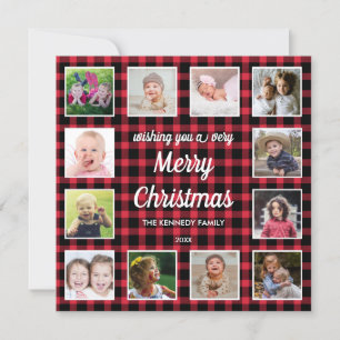 Red Buffalo Plaid 12 Photo Collage Christmas Holiday Card