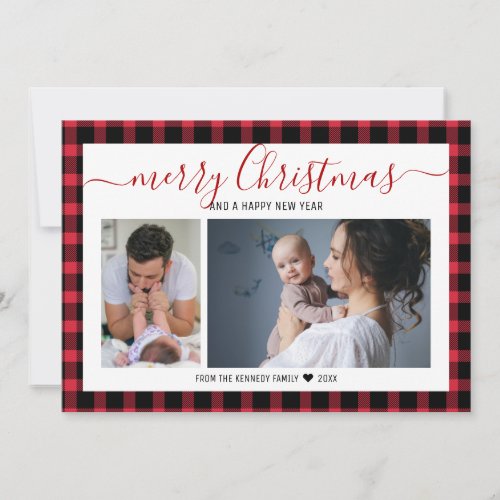 Red Buffalo Plaid 2 Photo Merry Christmas Holiday Card