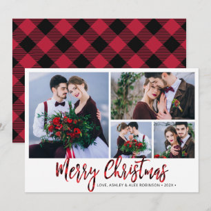 Red Buffalo Plaid 4 Photo Collage Christmas  Holiday Card
