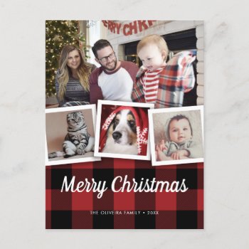 Red Buffalo Plaid 4 Photo Collage Merry Chrismtas Postcard by rua_25 at Zazzle