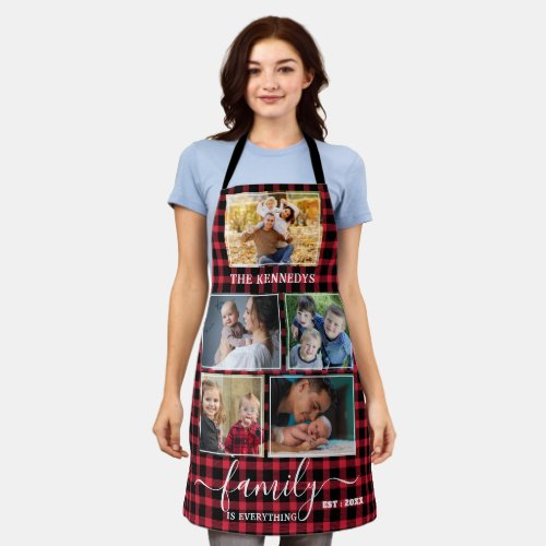 Red Buffalo Plaid 5 Photo Collage Family Quote   Apron