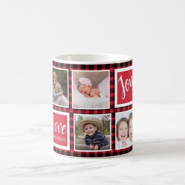 Red Buffalo Plaid 8 Photo Collage Christmas Coffee Mug (Center)
