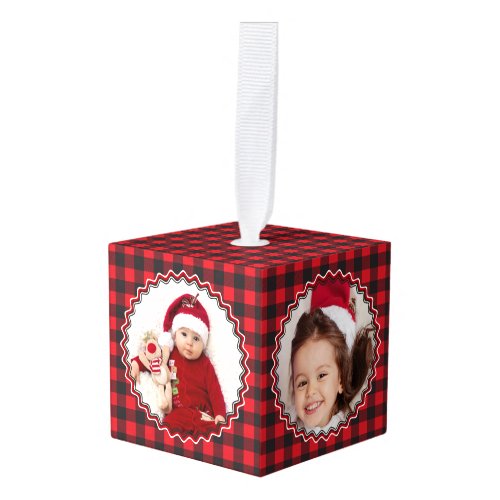 Red Buffalo Plaid Add Your Own Photo Christmas Cube Ornament
