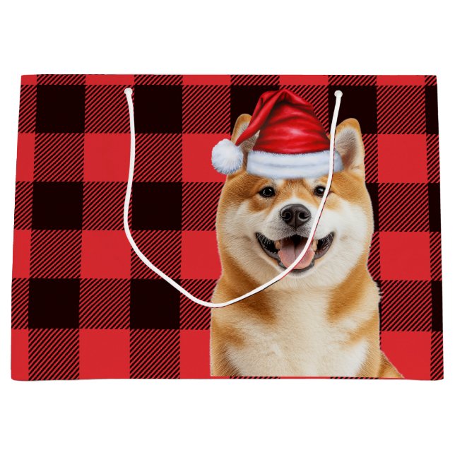 Red Buffalo Plaid Akita Dog Holiday Large Gift Bag (Front)
