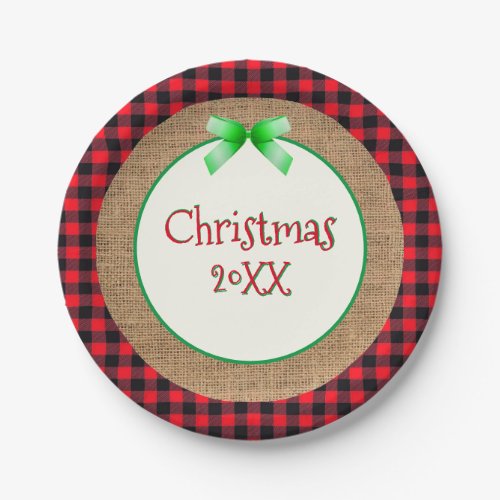 Red Buffalo Plaid and Burlap Christmas with Year Paper Plates