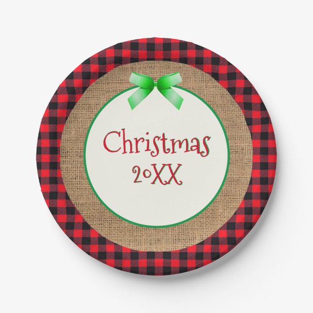 Red Buffalo Plaid and Burlap Christmas with Year Paper Plates (Front)