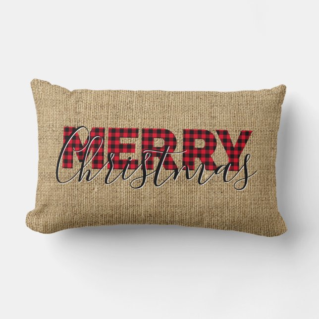Red Buffalo Plaid and Calligraphy Merry Christmas Lumbar Pillow (Front)