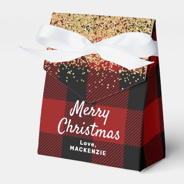 Red Buffalo Plaid and Gold Christmas Favor Boxes (Front Side)