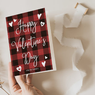 Red Buffalo Plaid and Hearts Happy Valentines Day Holiday Card