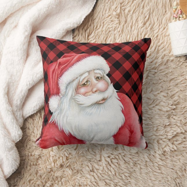 Red Buffalo Plaid and Santa Claus Throw Pillow (Blanket)