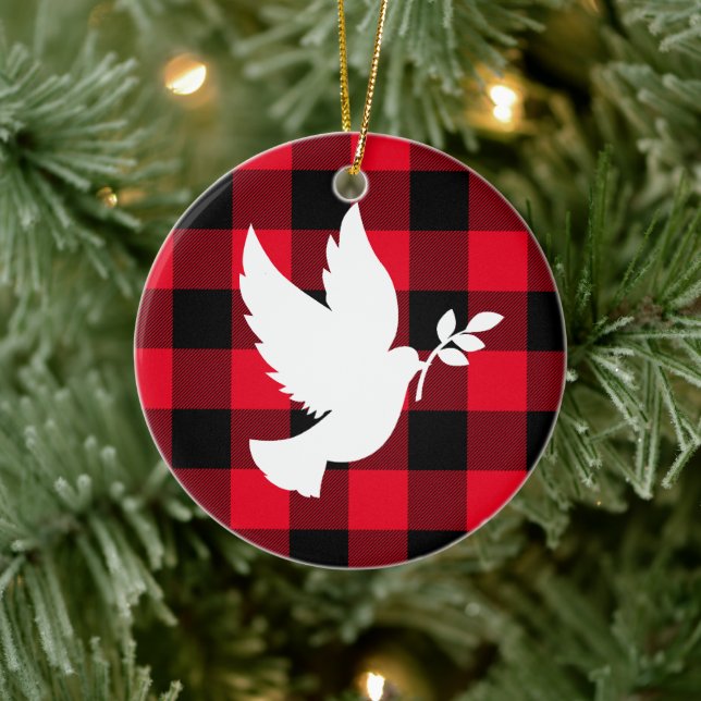 Red Buffalo Plaid and White Peace Dove Ceramic Ornament (Tree)
