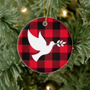 Red Buffalo Plaid and White Peace Dove Ceramic Ornament