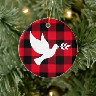 Red Buffalo Plaid and White Peace Dove Ceramic Ornament