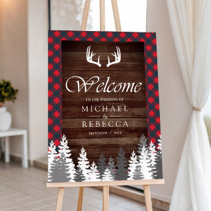 Red Buffalo Plaid Antler Wood Wedding Welcome Sign