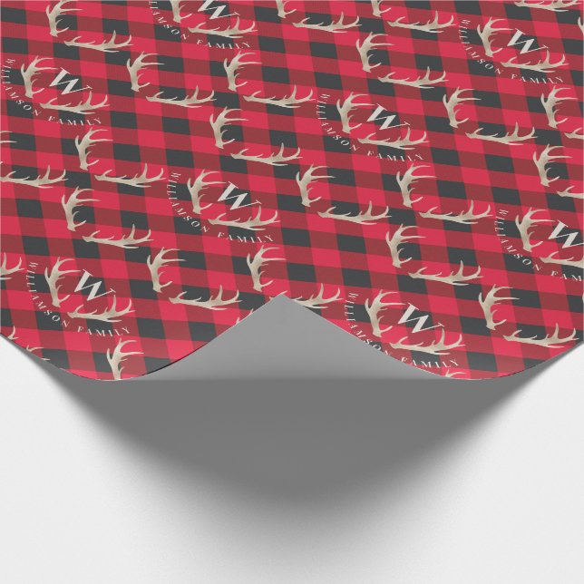 Red Buffalo Plaid | Antlers & Monogram Christmas Wrapping Paper (Corner)