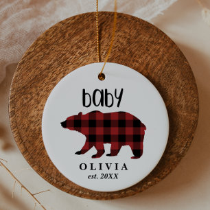 Red Buffalo Plaid Baby Bear Holiday Ceramic Ornament