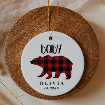 Red Buffalo Plaid Baby Bear Holiday Ceramic Ornament by ChristmasPaperCo at Zazzle