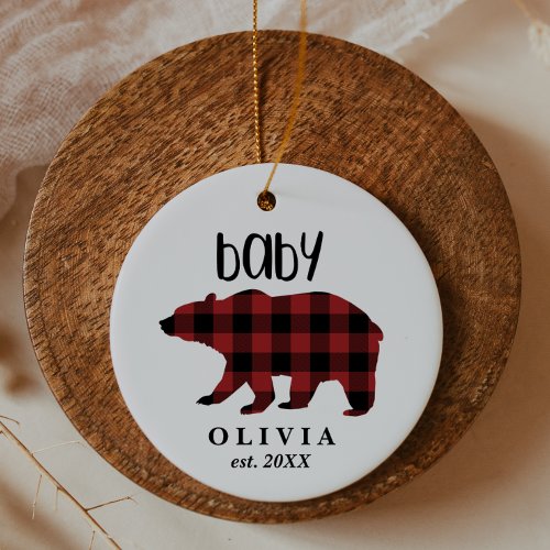 Red Buffalo Plaid Baby Bear Holiday Ceramic Ornament