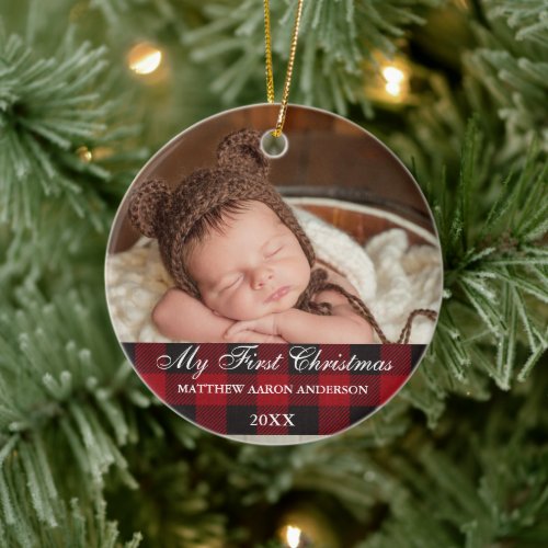 Red Buffalo Plaid Baby My First Christmas Ceramic Ornament
