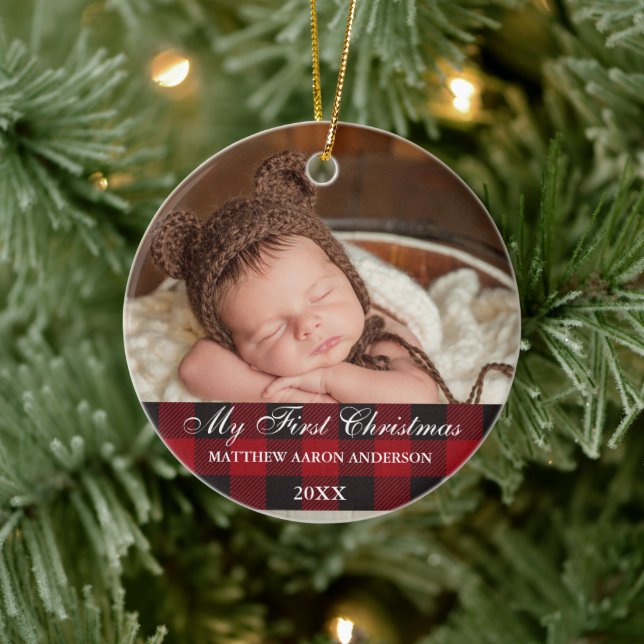Red Buffalo Plaid Baby My First Christmas Ceramic Ornament (Tree)